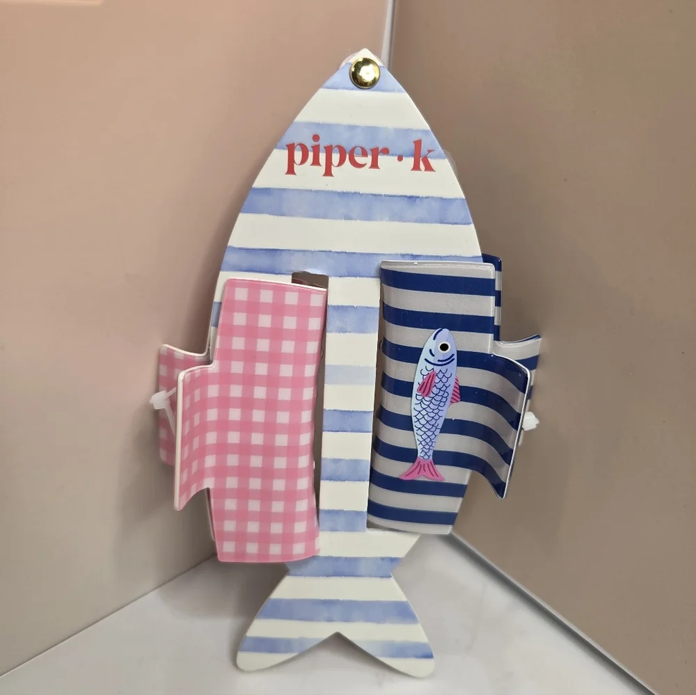 💙▪️Piper K▪️ Pink Plaid and Blue Striped Fish Print Hair Claw Clip Set Of 2